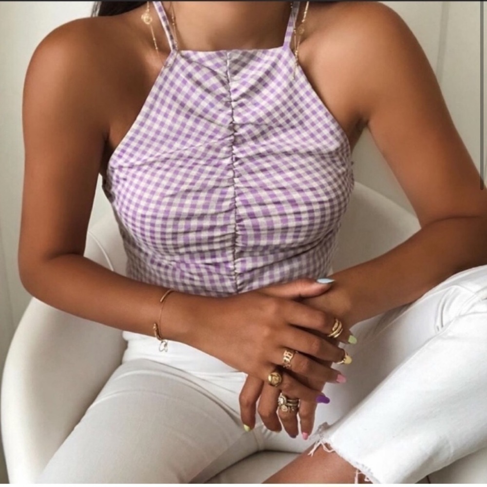 Zara Lilac Gingham Plaid Ruched Halter Top NWT Blogger Favorite multiple sizes  